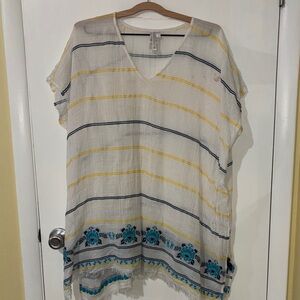 Seafolly White Tunic with Navy & Yellow Stripes and Teal Embroidery